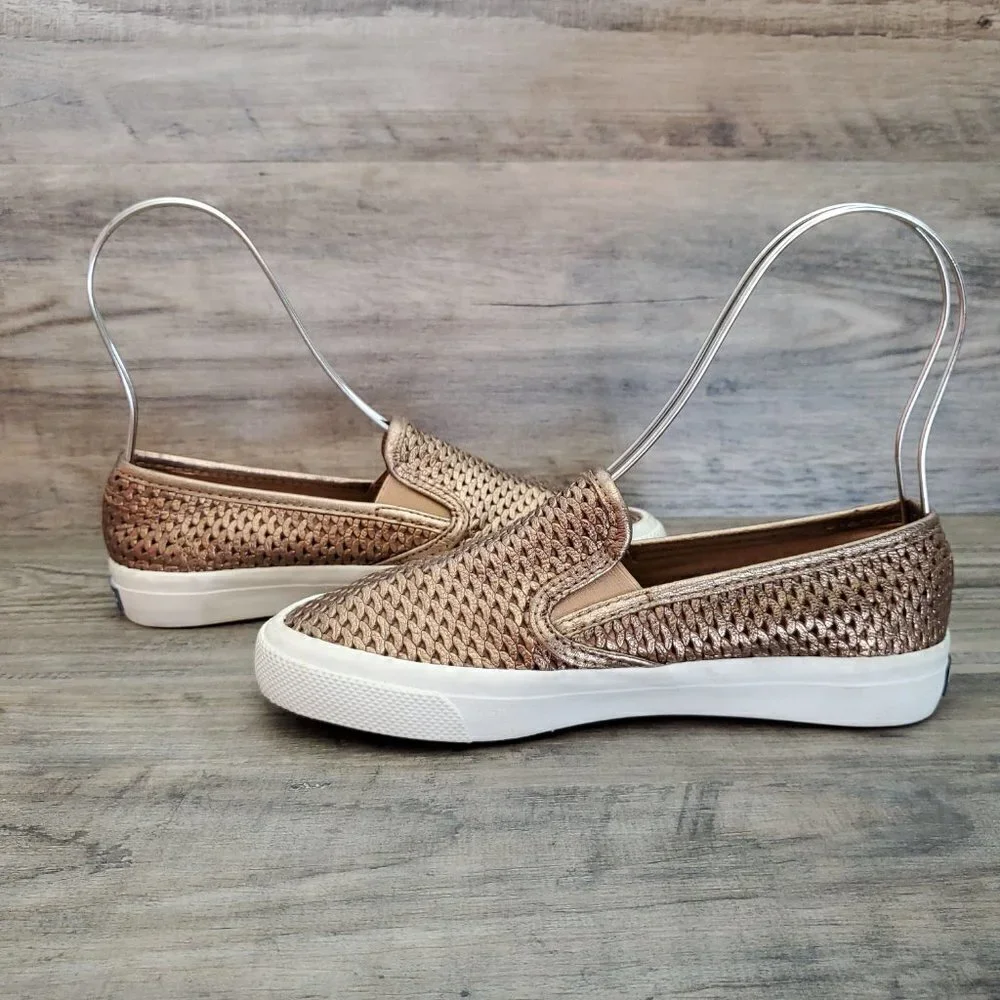 ❤️403 Sperry Seaside Perforated Platinum Metallic Gold Slip-On Sneaker